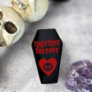 Together Forever Black Velvet Coffin Ring Box - Coffin Jewelry Box for Halloween Wedding - Gothic Coffin Jewelry Box for Engagement Ring