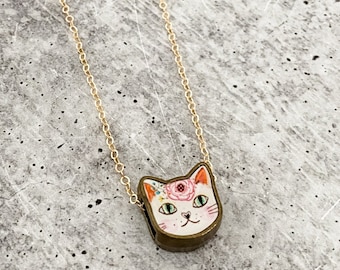 Kawaii Kitty Cat Necklace - Vintage Style Kitty Charm Jewelry - Gold Cat Lady Gift For her - Silver Cute Cat Pendant for Teen Girl Birthday