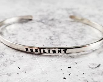 Hand Stamped Sterling Silver Cuff Bracelet: 'Resilient' - Inspirational Jewelry