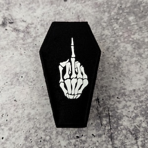 Black Velvet Coffin Ring Box - Skeleton Middle Finger Coffin Jewelry Box for Halloween - Gothic Coffin Jewelry Box for Engagement Ring
