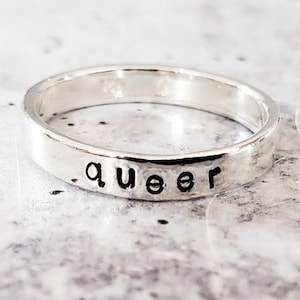 QUEER Silver Ring - LGBTQIA+ Pride Jewelry - Cute Accessory for LGBTQ- Gift for Genderqueer Friend - Nonbinary Finger Band - Genderfluid