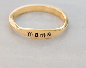Mama Ring, Dainty Hand Stamped Silver or Gold Plated Band, Minimalist Mother Ring, Stacking Ring