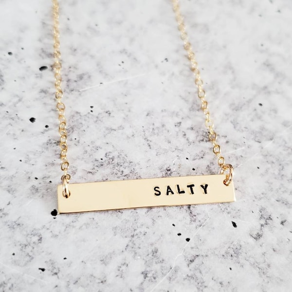 SALTY Bar Necklace - Funny Beach Lover Layering Pendant - Holiday Jewelry Gift for Her - Name Plate Necklace-  21st Birthday Friend Present