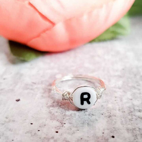 Letter Bead Wire Wrapped Ring Initial Ring Boho 90s Statement Ring