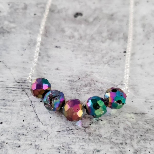 Rainbow Druzy Bar Necklace - Boho Chic Jewelry - Silver Druzy - Gift for Mom from Daughter - Raw Quartz Necklace - Boho Bridesmaids Jewelry