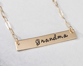 Personalized Grandma Bar Necklace – 14k Gold Filled Script Name Necklace – Minimal Rectangle Pendant