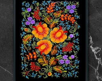 May include: A black background with a colorful floral design. The flowers are orange, yellow, and red. The leaves are green and the stems are black. There are small blue flowers scattered throughout the design.