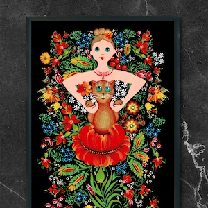 Petrykivka Woman with Cat Art Print | Traditional Ukrainian Folk Art | Floral Art | Limited reproduction of the original painting
