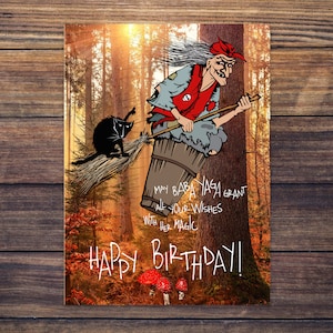 Happy Birthday Grußkarte - Baba Yaga im Wald - Russisches Volksmärchen Versandkostenfrei