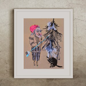 Print: Stylish Baba Yaga in a Ukrainian Shirt with Her Cat and Her Hut on (Human) Legs