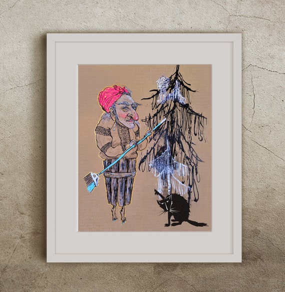 Baba Yaga Art Print: Ukrainian Shirt, Cat, Cabin on Chicken Legs