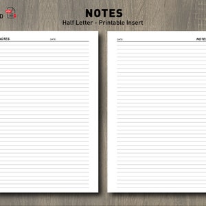 May include: Printable lined paper for taking notes. The paper is divided into two sections, each with the word "NOTES" at the top and a space for the date. The paper is designed for half letter size.