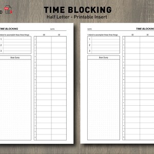 Puede incluir: Un planificador de bloqueo de tiempo imprimible con dos columnas para programar tareas. Cada columna tiene una sección para tres elementos que hacer y un área de descarga cerebral. El planificador está diseñado para papel de tamaño medio.