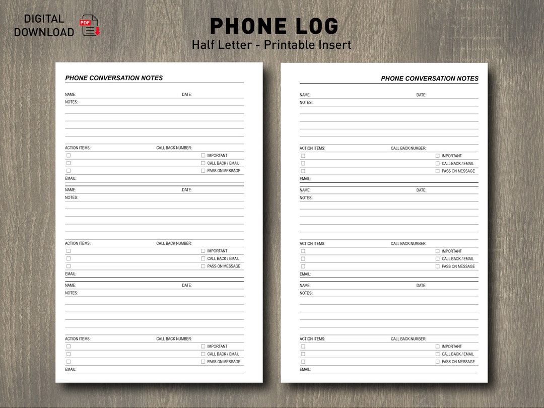 Printable Phone Conversation Log Call Tracker Printable Insert Half ...