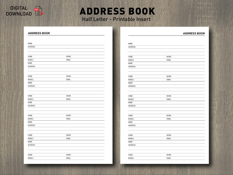 Printable Address Book Contact Organizer Printable Contact Insert Halfletter Etsy