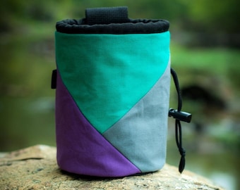 Rock Climbing Chalk Bag | Green Purple Grey Triangle Design | Gift For Climbers | Handmade Chalk Bag | Outdoor gift | Christmas present