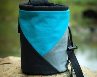 Rock Climbing Chalk Bag | Black Aqua Gray Triangle Design | Gift For Climbers | Handmade Chalk Bag