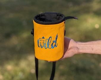 Embroidered Rock Climbing Chalk Bag | Yellow WILD Design | Gift For Climber | Unique Personalized Gift | Christmas Gift Climber