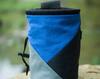 Rock Climbing Chalk Bag | Grey Blue Black Triangle Design | Gift For Climbers | Handmade Chalk Bag