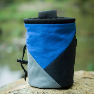 Rock Climbing Chalk Bag | Grey Blue Black Triangle Design | Gift For Climbers | Handmade Chalk Bag