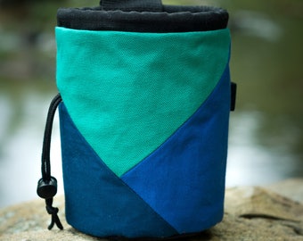 Rock Climbing Chalk Bag | Green Blue Triangle Design | Gift For Climbers | Handmade Chalk Bag