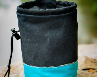 Rock Climbing Chalk Bag | Black Teal Color Block Design | Gift For Climbers | Handmade Chalk Bag