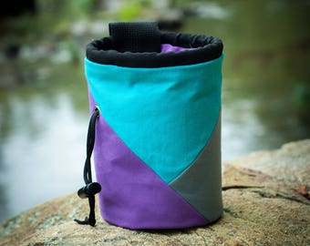 Rock Climbing Chalk Bag | Aqua Purple Triangle Design | Gift For Climbers | Handmade Chalk Bag