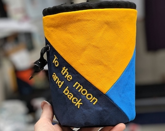 Custom Embroidered Rock Climbing Chalk Bag | Navy Yellow Bright Blue Triangle Design | Gift For Climber, Personalized Christmas Gift Climber