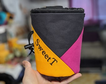 Custom Embroidered Rock Climbing Chalk Bag | Yellow Black Pink Triangle Design | Personalized Gift For Climber | Christmas Gift