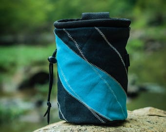 Rock Climbing Chalk Bag | Black Teal Blue Cross-Stitched Design | Gift For Climbers | Handmade Chalk Bag