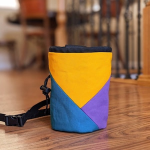 Rock Climbing Chalk Bag | Dark Teal Yellow Violet Triangle Design | Gift For Climber | Handmade Chalk Bag