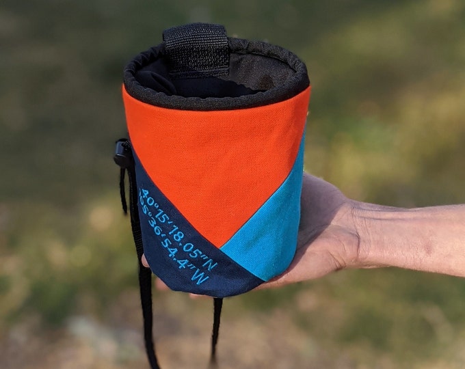 Custom Embroidered Rock Climbing Chalk Bag | Navy Orange Teal Triangle Design | Gift For Climber | Personalized | Christmas Gift Climber