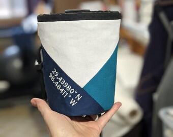Custom Embroidered Rock Climbing Chalk Bag | Navy Dark Teal White Triangle Design | Gift For Climber | Personalized | Christmas Gift Climber