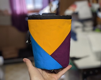 Rock Climbing Chalk Bag | Bright Blue Yellow Plum Triangle Design | Gift For Climbers | Handmade Chalk Bag | Christmas Gift Climbing