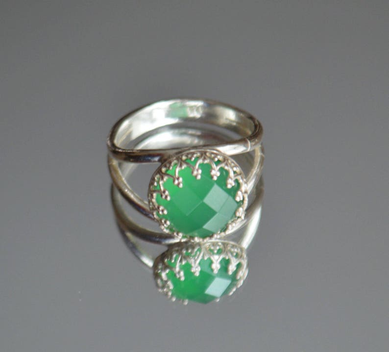 Silver Band Ring Sterling Silver 925 Green Agate Silver Ring Green Stone Ring Crown 925 Silver Ring Size 6