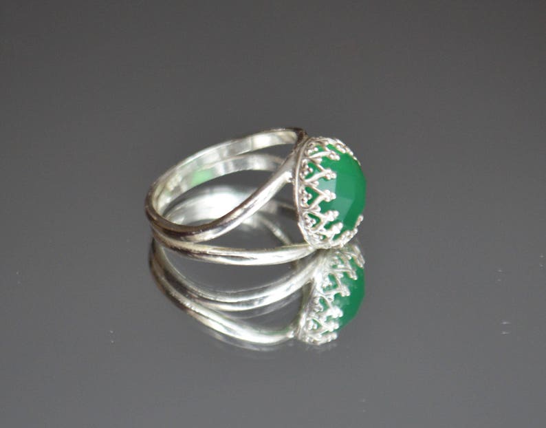 Silver Band Ring Sterling Silver 925 Green Agate Silver Ring Green Stone Ring Crown 925 Silver Ring Size 6