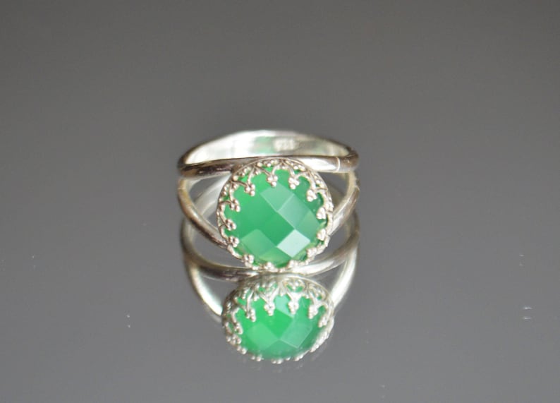 Silver Band Ring Sterling Silver 925 Green Agate Silver Ring Green Stone Ring Crown 925 Silver Ring Size 6