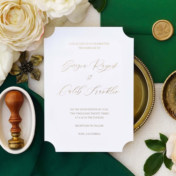 Gold Foil Wedding Invitation with Die Cut Details Grandmillennial Style