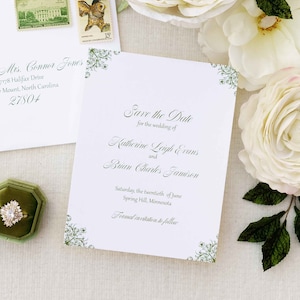 Salvia Green Save the Date Card con filigrana vintage / semi personalizzata