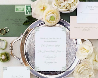 Victorian Filigree Wedding Invitation Sage Green  | Semi-custom