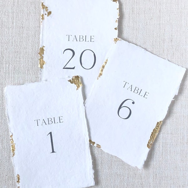 Gold or Silver Leaf Table Number Signs on Handmade Paper