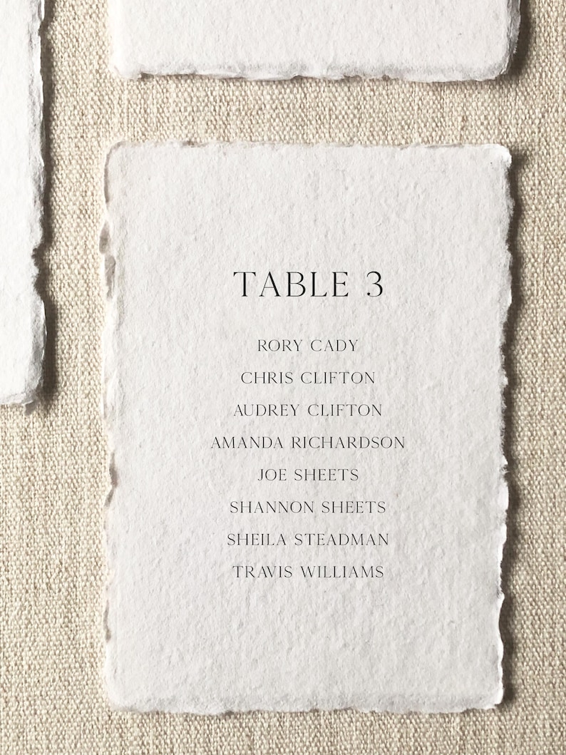 Peut inclure: Une carte rectangulaire en papier blanc aux bords irr&eacute;guliers et effiloch&eacute;s, pr&eacute;sentant un texte imprim&eacute; en noir indiquant TABLE 3 suivi d'une liste de noms incluant Rory Cady, Chris Clifton, Audrey Clifton, Amanda Richardson, Joe Sheets, Shannon Sheets, Sheila Steadman et Travis Williams.