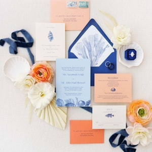 Beach Seashell Wedding Invitation | Blue and Coral