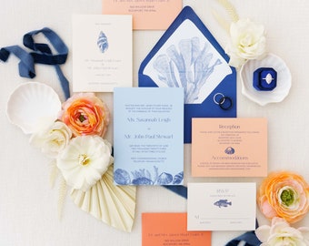 Beach Seashell Wedding Invitation | Blue and Coral