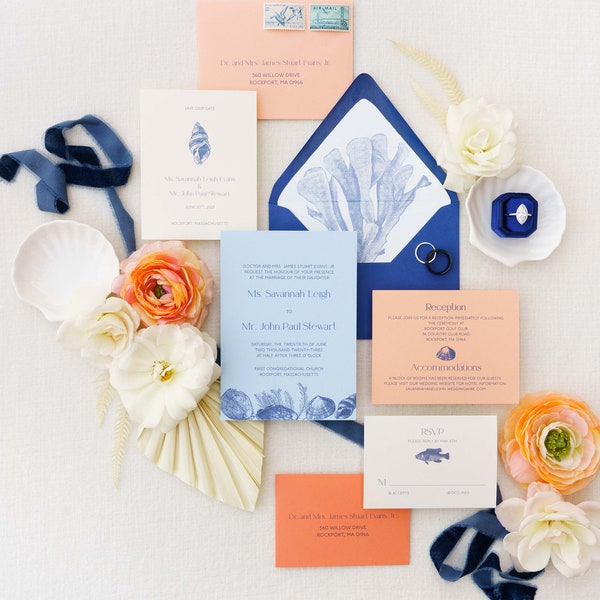 Beach Seashell Wedding Invitation | Blue and Coral