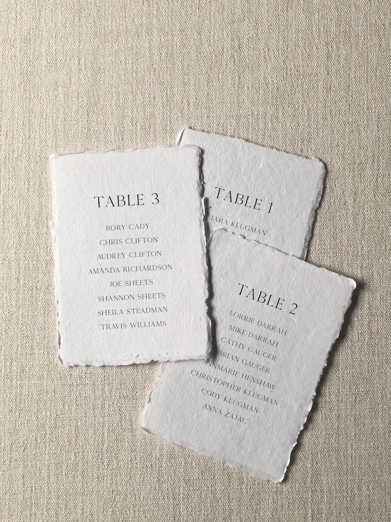 Peut inclure: Trois cartes rectangulaires en papier blanc cass&eacute; aux bords effiloch&eacute;s, avec du texte imprim&eacute; en noir. Les cartes sont intitul&eacute;es TABLE 1, TABLE 2 et TABLE 3, suivies de listes de noms incluant Rory Cady, Chris Clifton et d'autres.