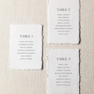 May include: Three handmade paper place cards with deckled edges. Each card features a table number and a list of names in a simple, elegant font. The cards are arranged on a neutral linen surface, ideal for a wedding or event.