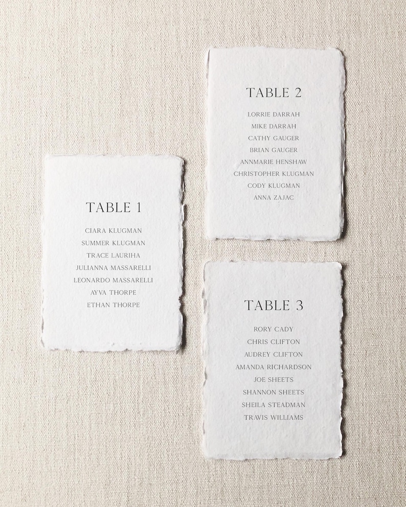 Peut inclure: Trois cartes rectangulaires en papier blanc aux bords effiloch&eacute;s, chacune pr&eacute;sentant un texte imprim&eacute; en noir. Les cartes sont intitul&eacute;es Table 1, Table 2 et Table 3, suivies de listes de noms incluant Ciara Klugman, Lorrie Darrah et Rory Cady.