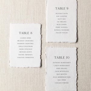 Peut inclure: Trois cartes rectangulaires en papier blanc aux bords effiloch&eacute;s, chacune avec du texte imprim&eacute; en noir. Les cartes sont intitul&eacute;es TABLE 8, TABLE 9 et TABLE 10, suivies de listes de noms incluant Lauren Annis, Hunter Galvin et Anthony Burkhardt.