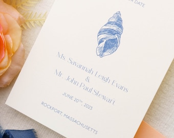 Nautical Wedding Save the Date Card with Blue and White Seashell Illustration | Semi Custom Sample